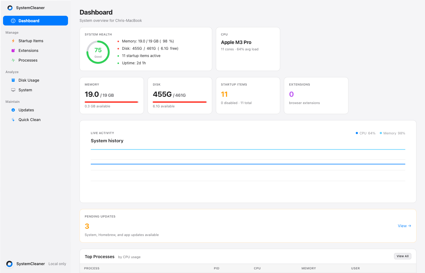 SystemCleaner dashboard showing storage, memory, CPU, battery, and cleanup recommendations