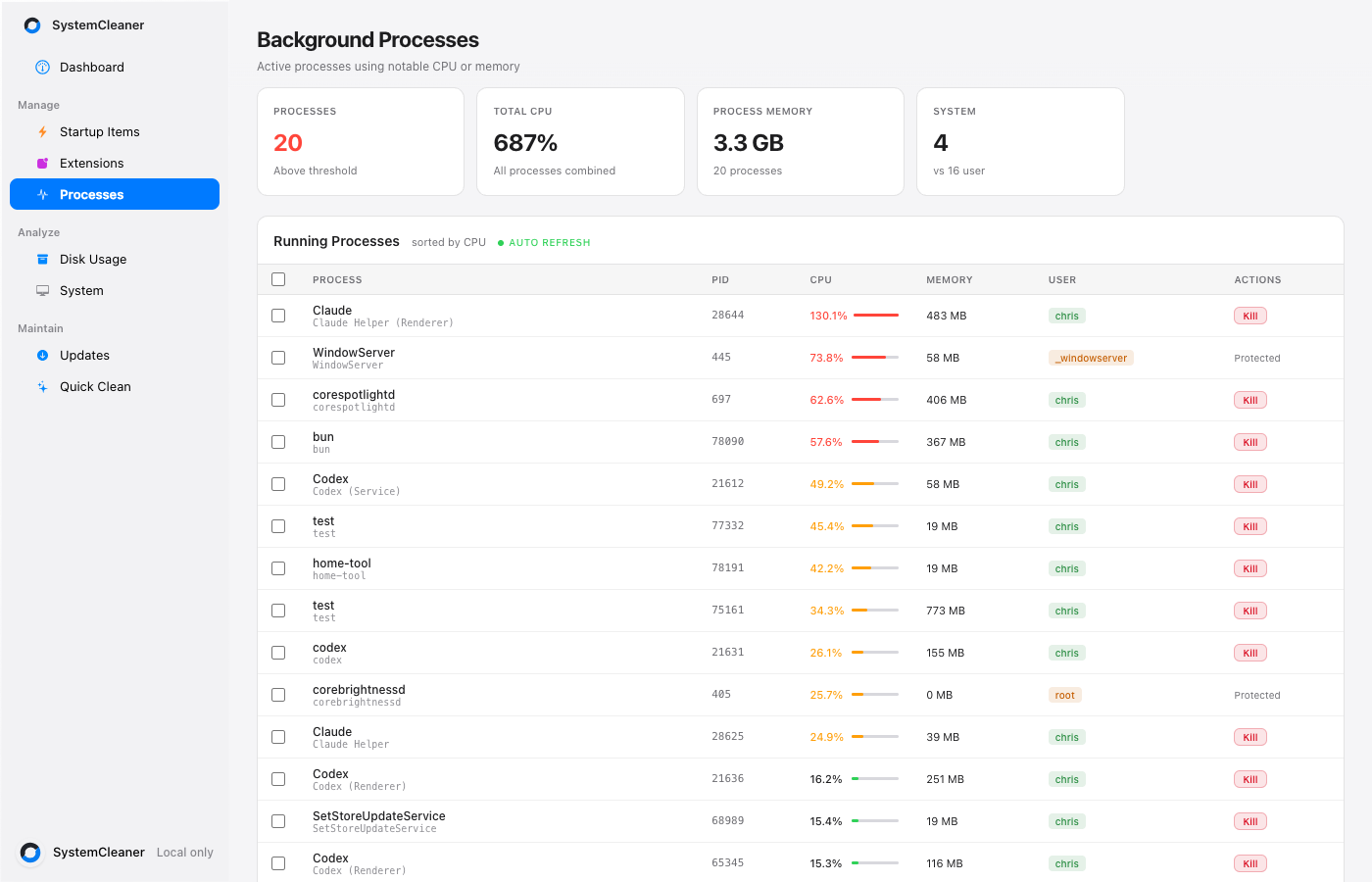 SystemCleaner Live Processes view